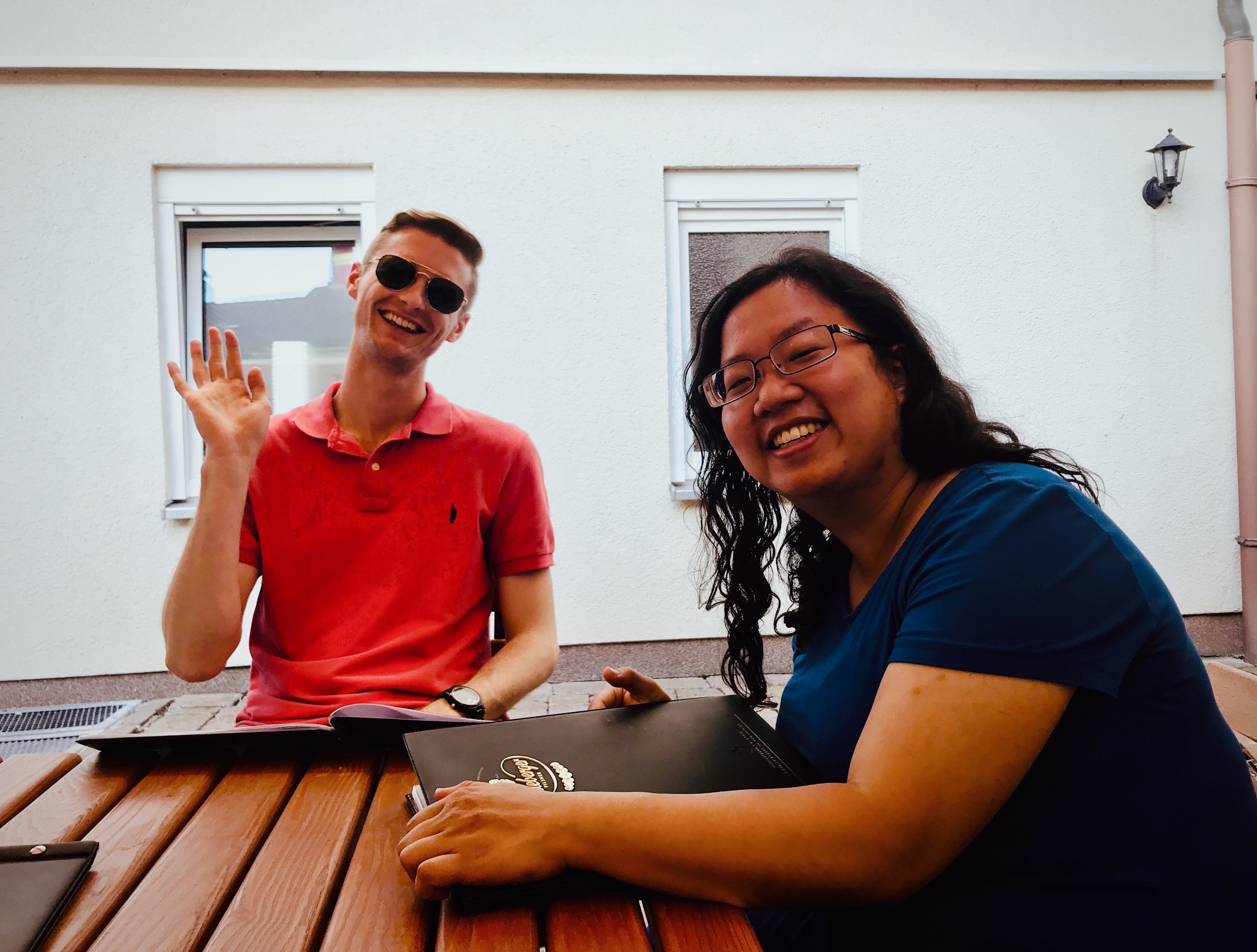 Evan Currie and Jennifer Hsiao enjoy dinner in Eisenach.