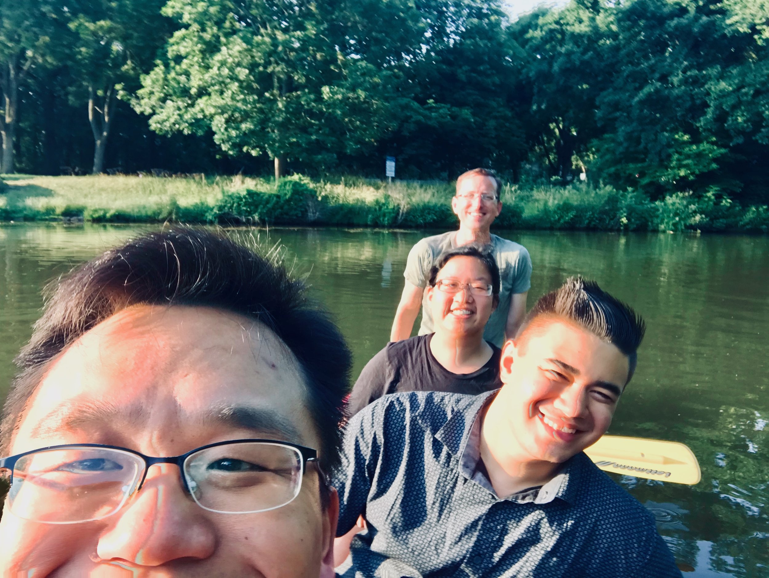 Cho, Alex, Jennifer, and Chris canoe in Leipzig.