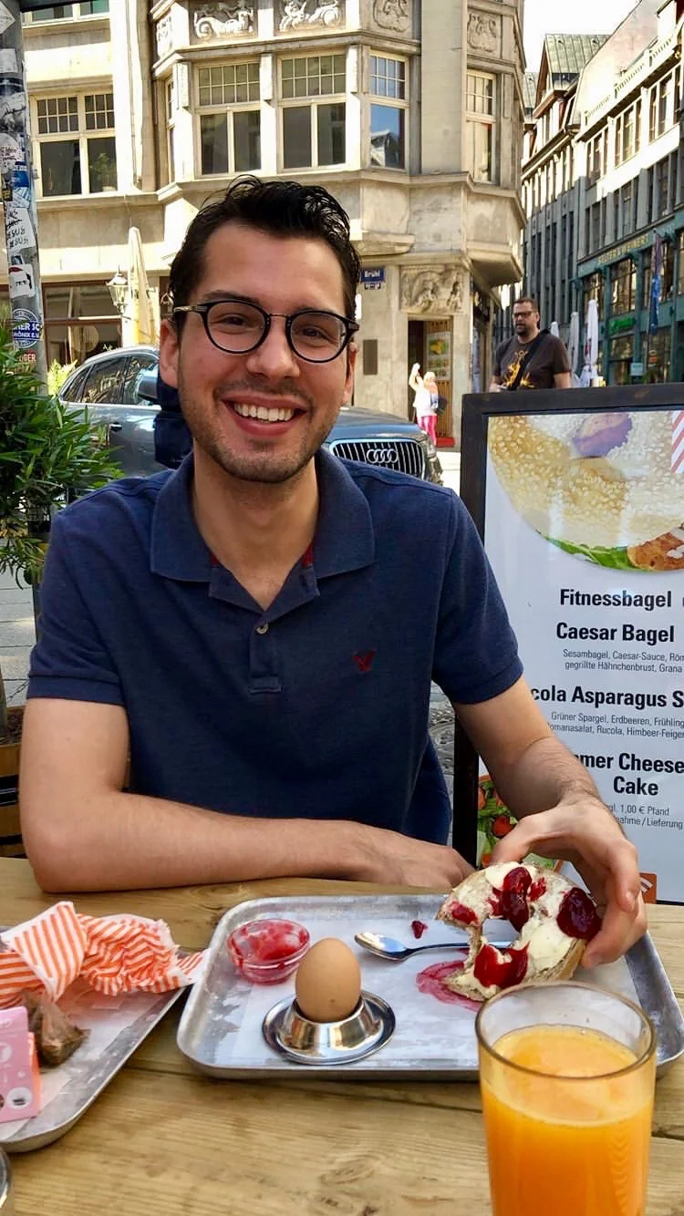 Nick enjoys breakfast in Leipzig.
