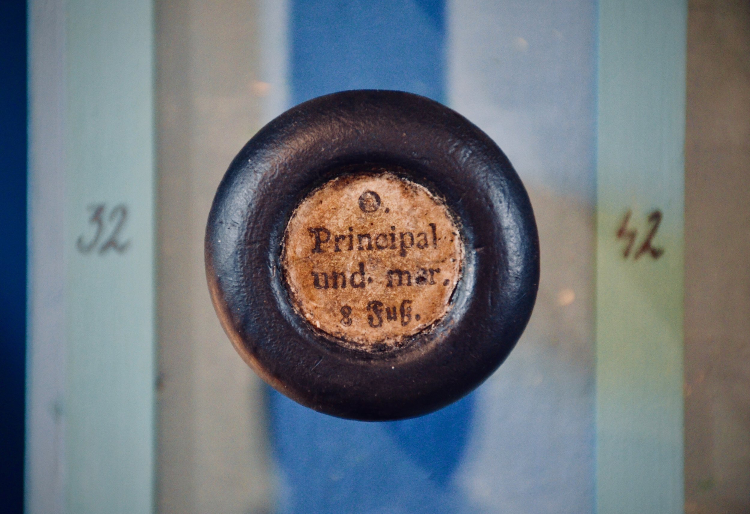 Stop knob detail of the 1746 Hildebrandt Organ, Stadtkirche St. Wenzel, Naumburg. A principal celeste stop on the Oberwerk.