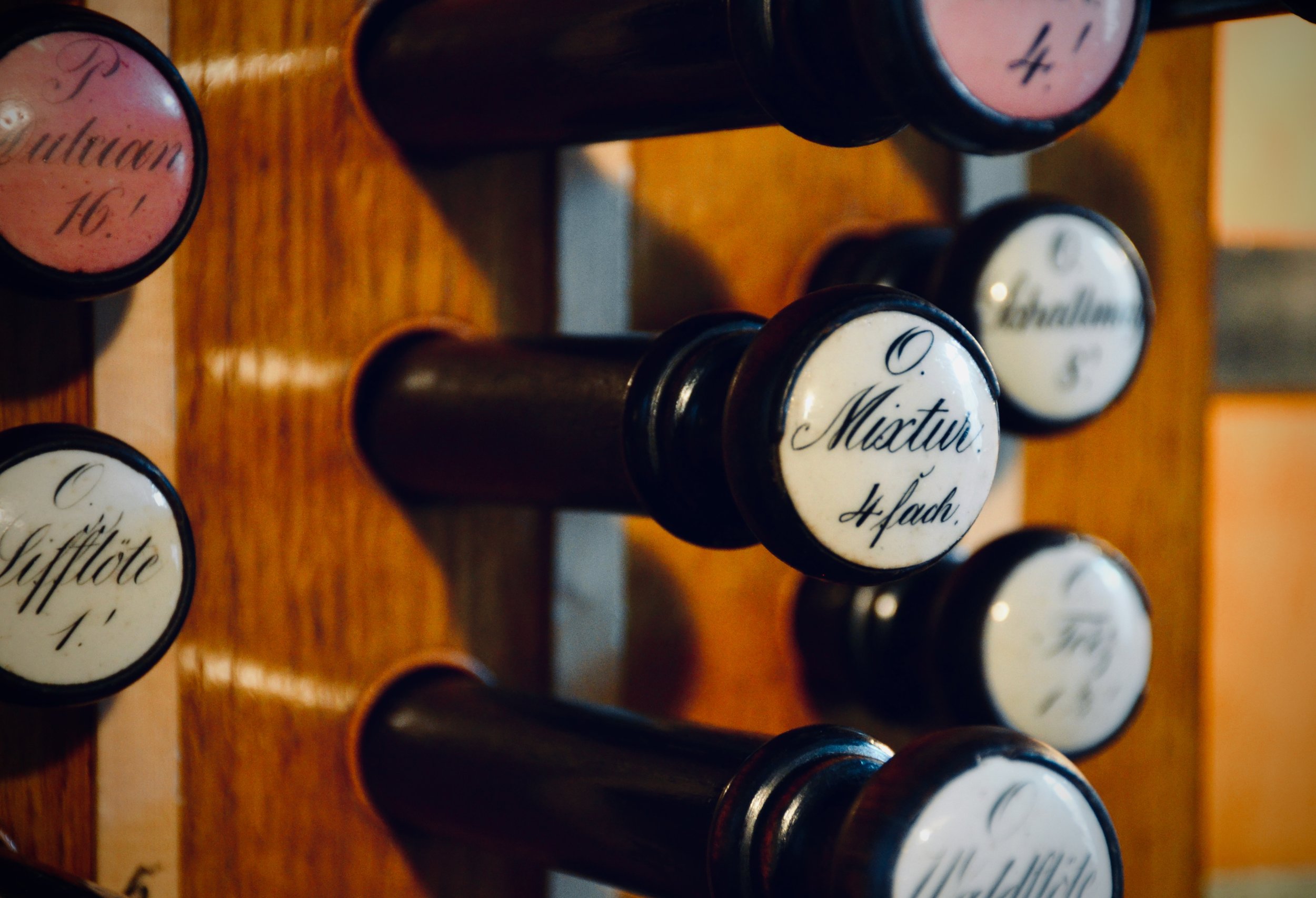 Stop knob detail, 1855 Ladegast Organ, Merseburg Dom.