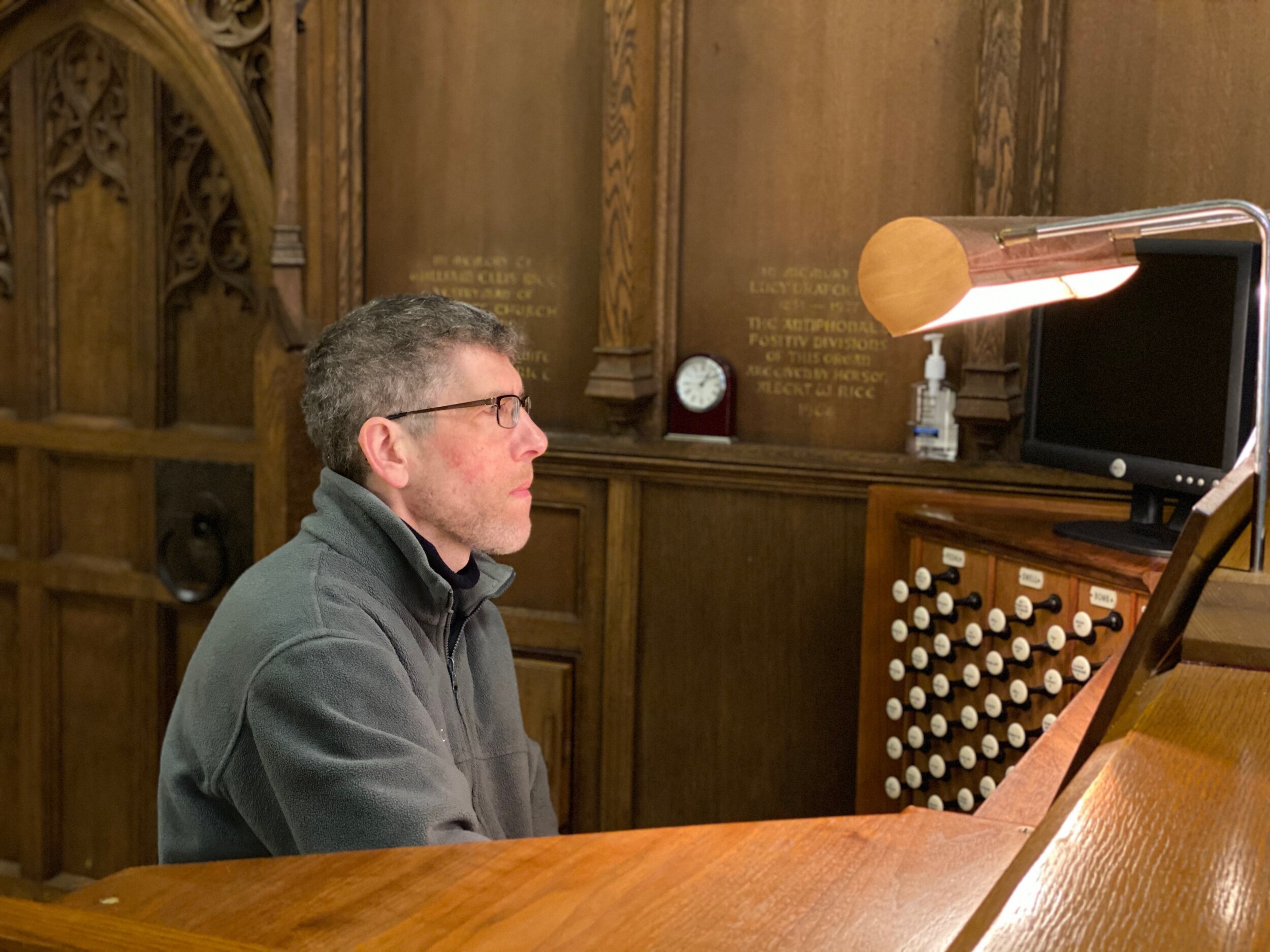 Chris Porter at the console of the Aeolian-Skinner organ, All Saints Church, Worcester, Mass. 