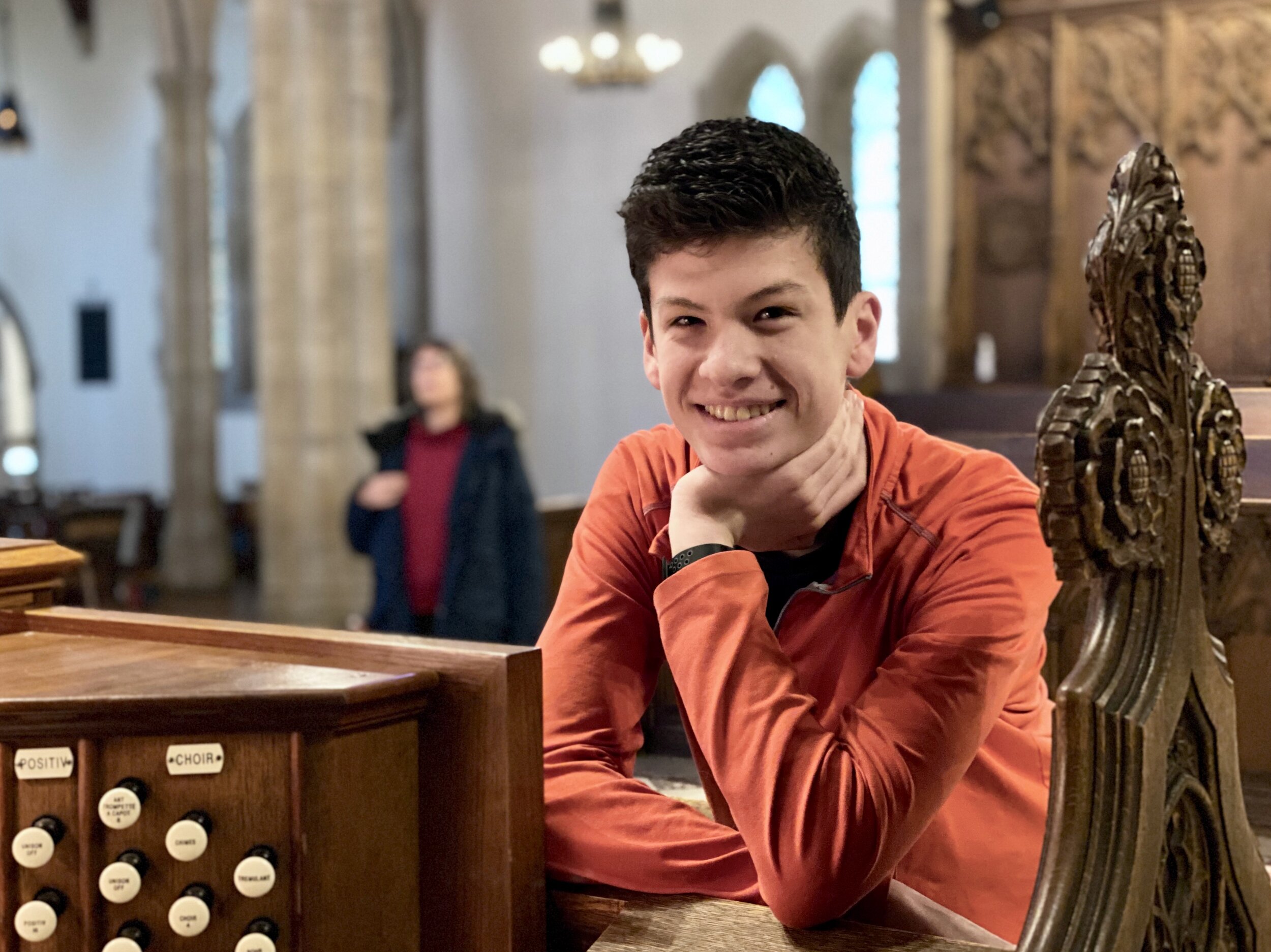 Marshall Joos at the console of the Aeolian-Skinner organ, All Saints Church, Worcester, Mass. 