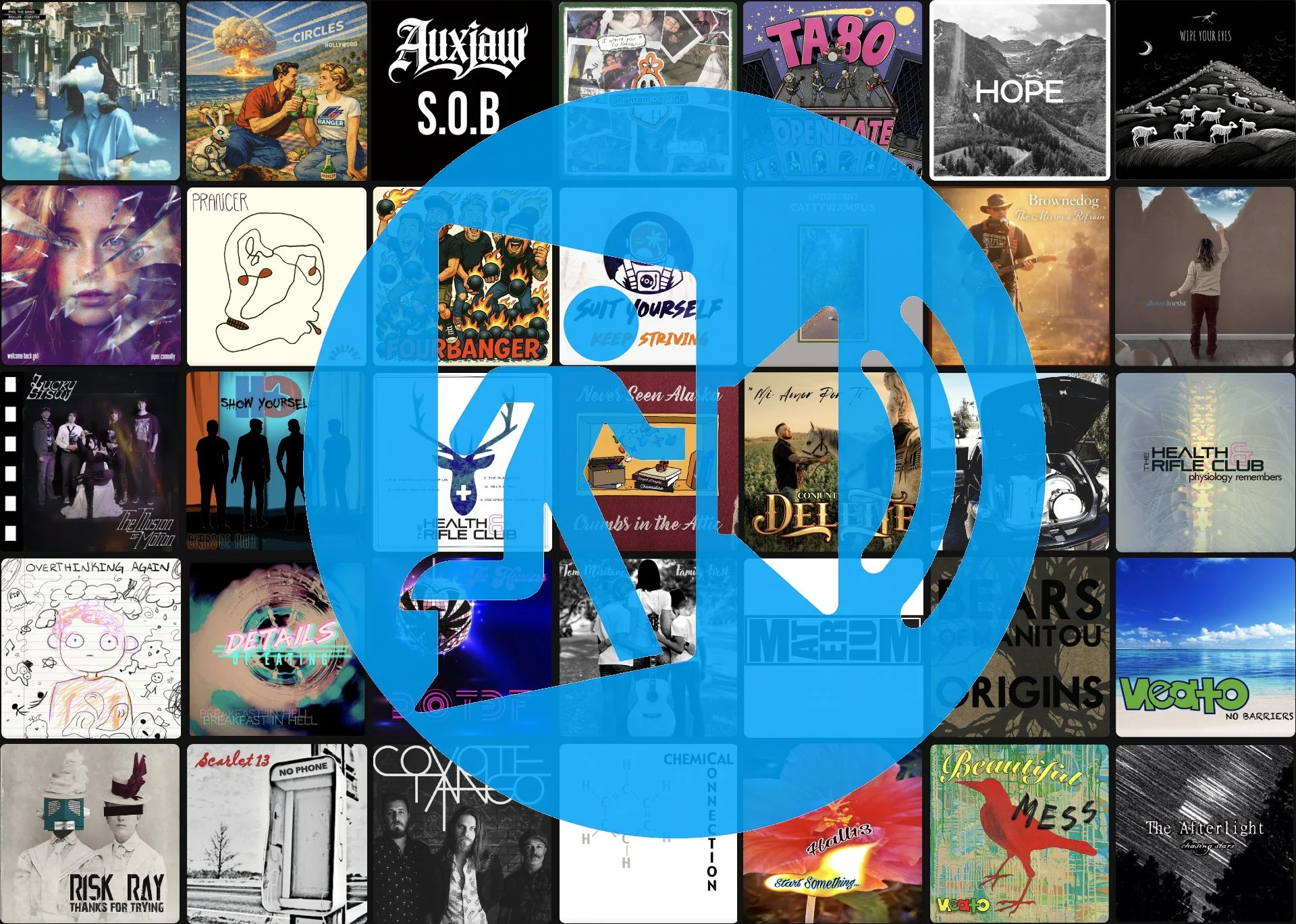A collage of various album covers, artwork, and promotional images arranged in a grid, partially obscured by a large blue circular overlay with the Spotify logo in the center.