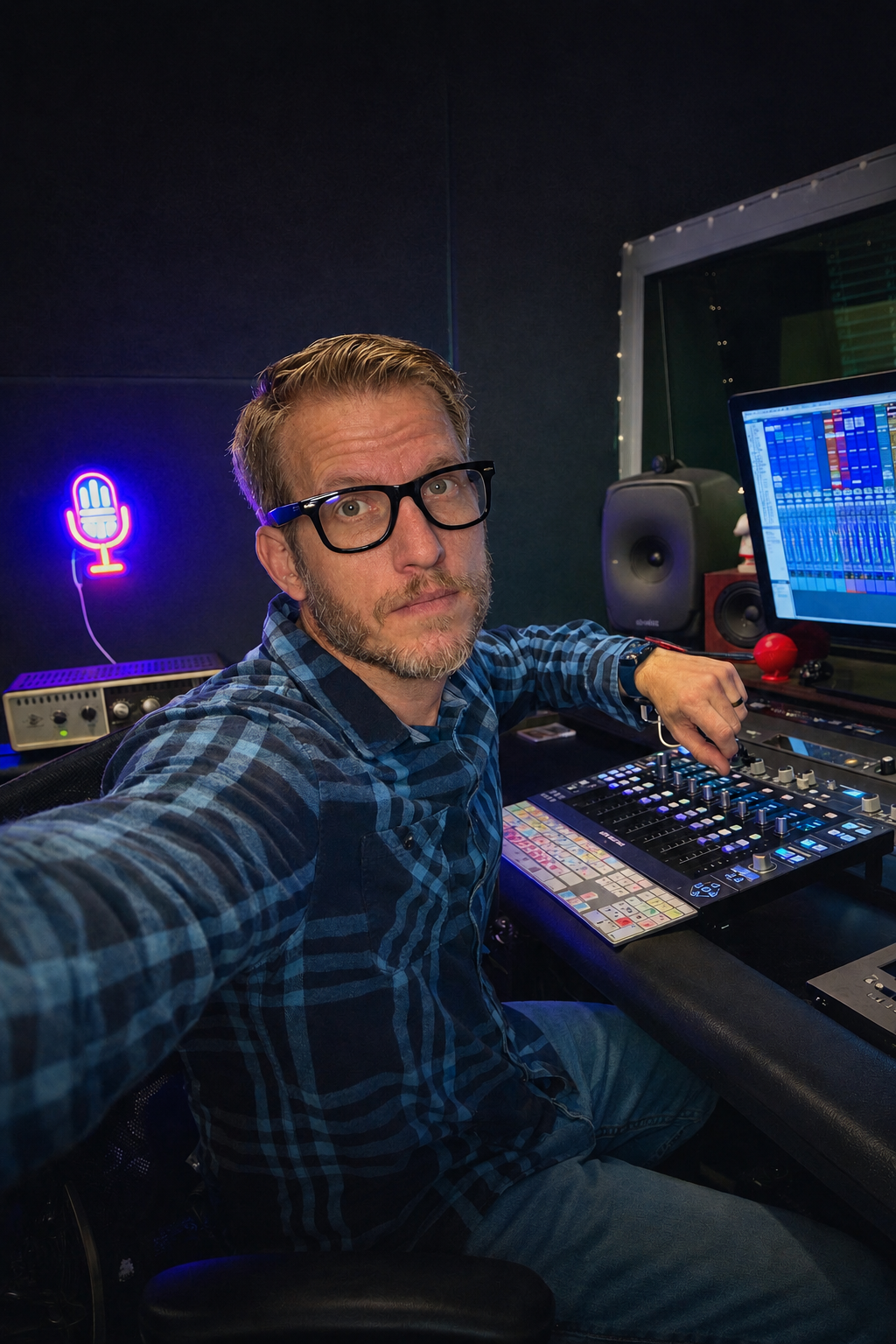 A man with glasses and a beard wearing a blue plaid shirt sitting in a music studio with audio equipment, a computer screen displaying a digital audio workstation, and a neon microphone sign in the background.