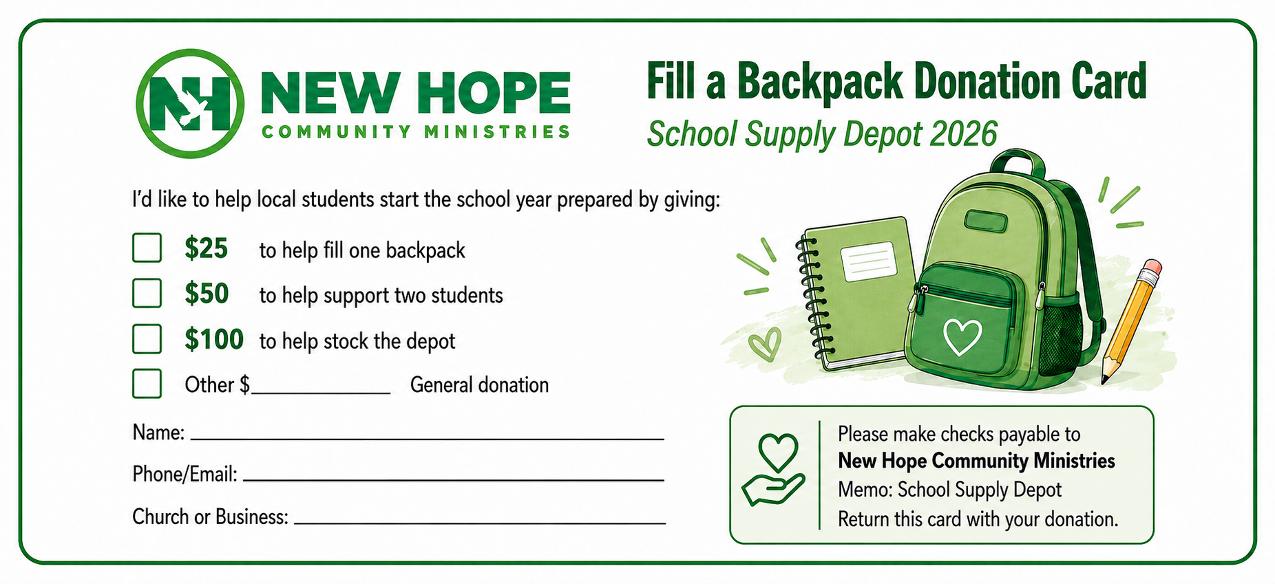Fill a Backpack Donation Card
