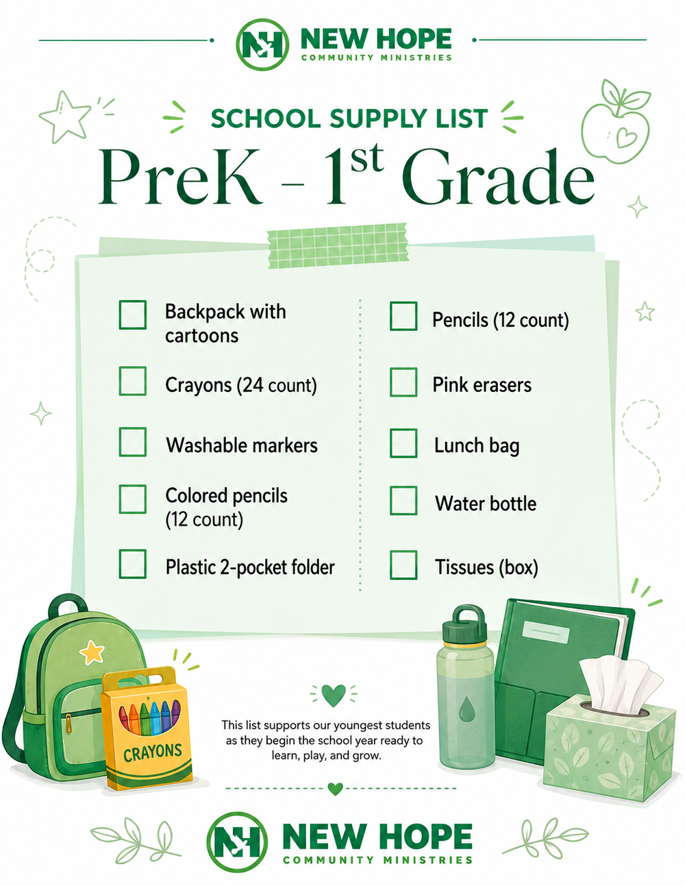 PreK to 1st Grade School Supply List