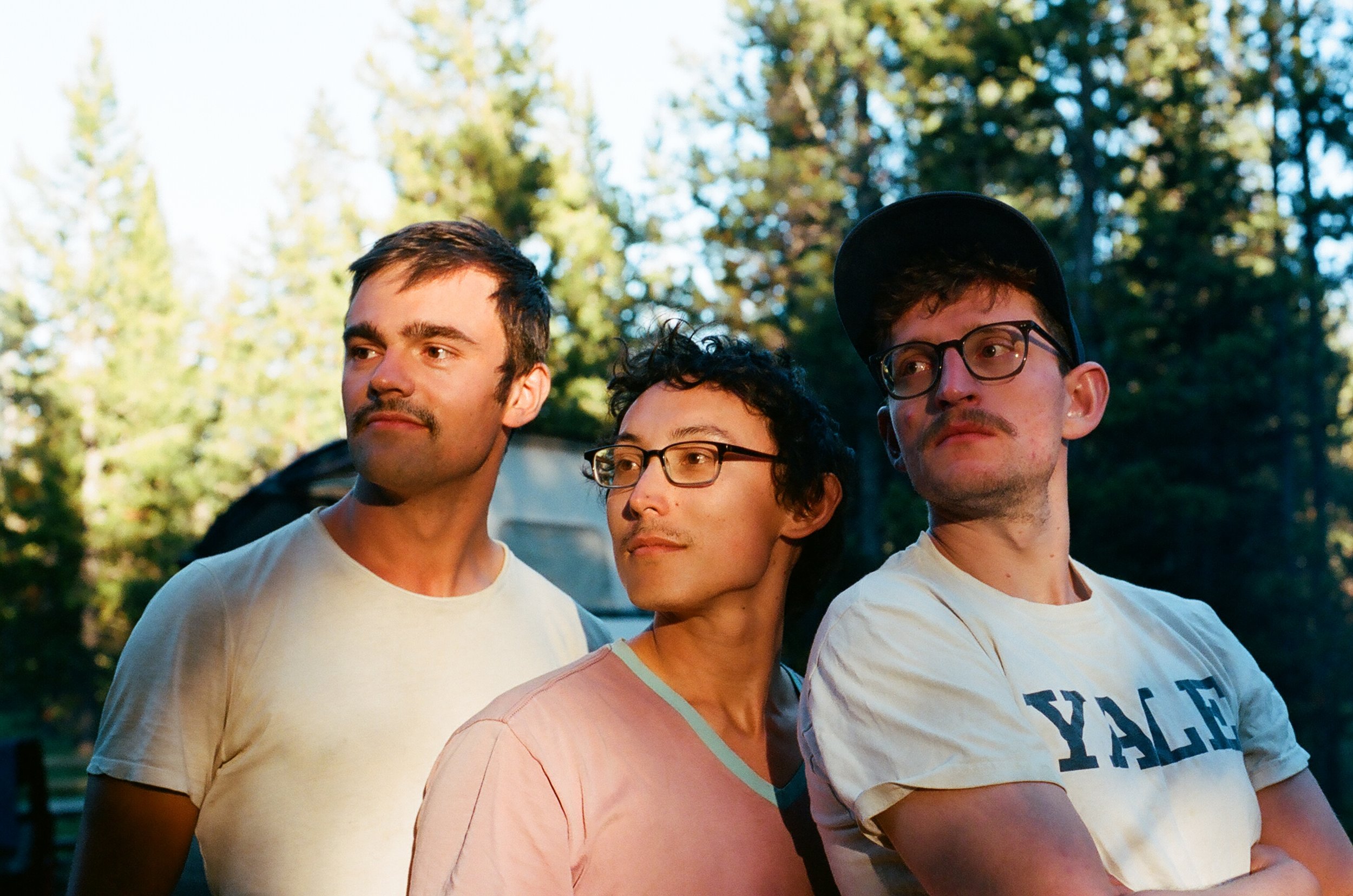 Tom, Owen, and Jamie showing off their mustaches, 35mm