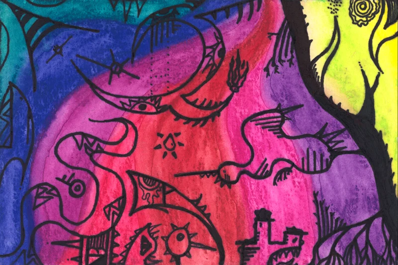 Chris Boyce "Dark Scream Dreams of Entrapment" Permanent marker and water soluble colored pencil on watercolor paper 6" x 4"