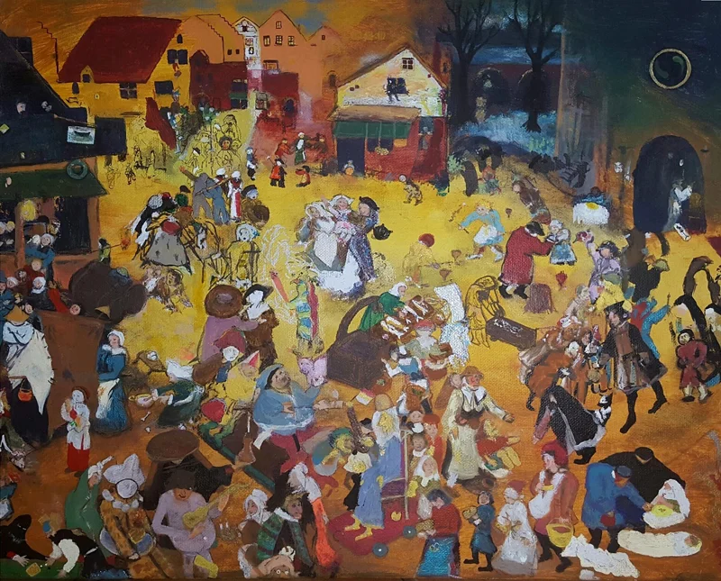 Elaine Sutton "Bruegel Carnival vs. Lent" Mixed media on canvas 20" x 16"