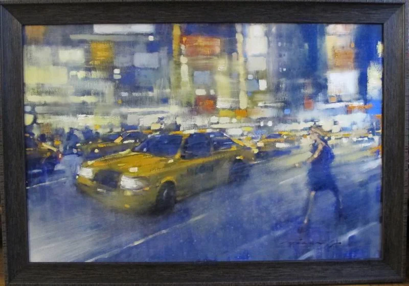 David Hinchliffe "Racing Down Broadway" Oil on Canvas 24" x 36 "