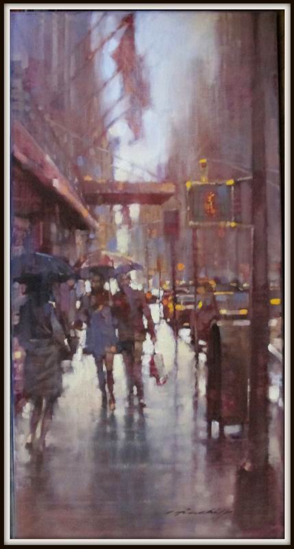 David Hinchliffe "Rainy Days, Fifth Avenue" Oil on Canvas 18" x 36 "