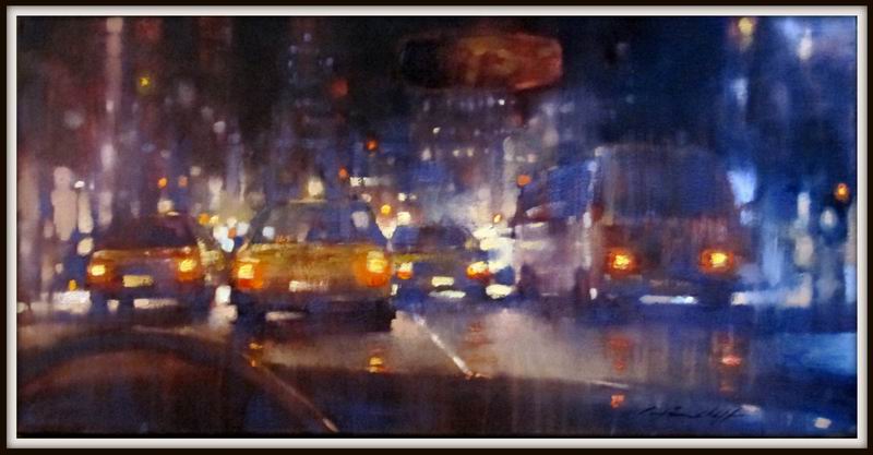 David Hinchliffe "Taxi Ride Down Broadway" Oil on Canvas 16" x 32 "