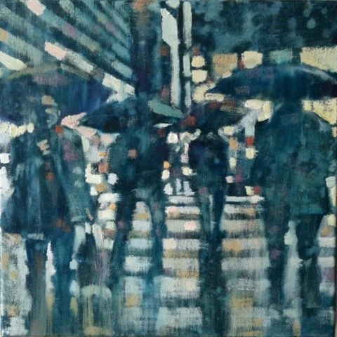 David Hinchliffe "Crossing Broadway" Oil on Canvas 12" x 12"