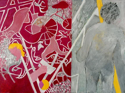  State of Mind (Untitled Red and Yellow)Acrylic on Canvas and Collage 36" x 48" 2008 Bin A 