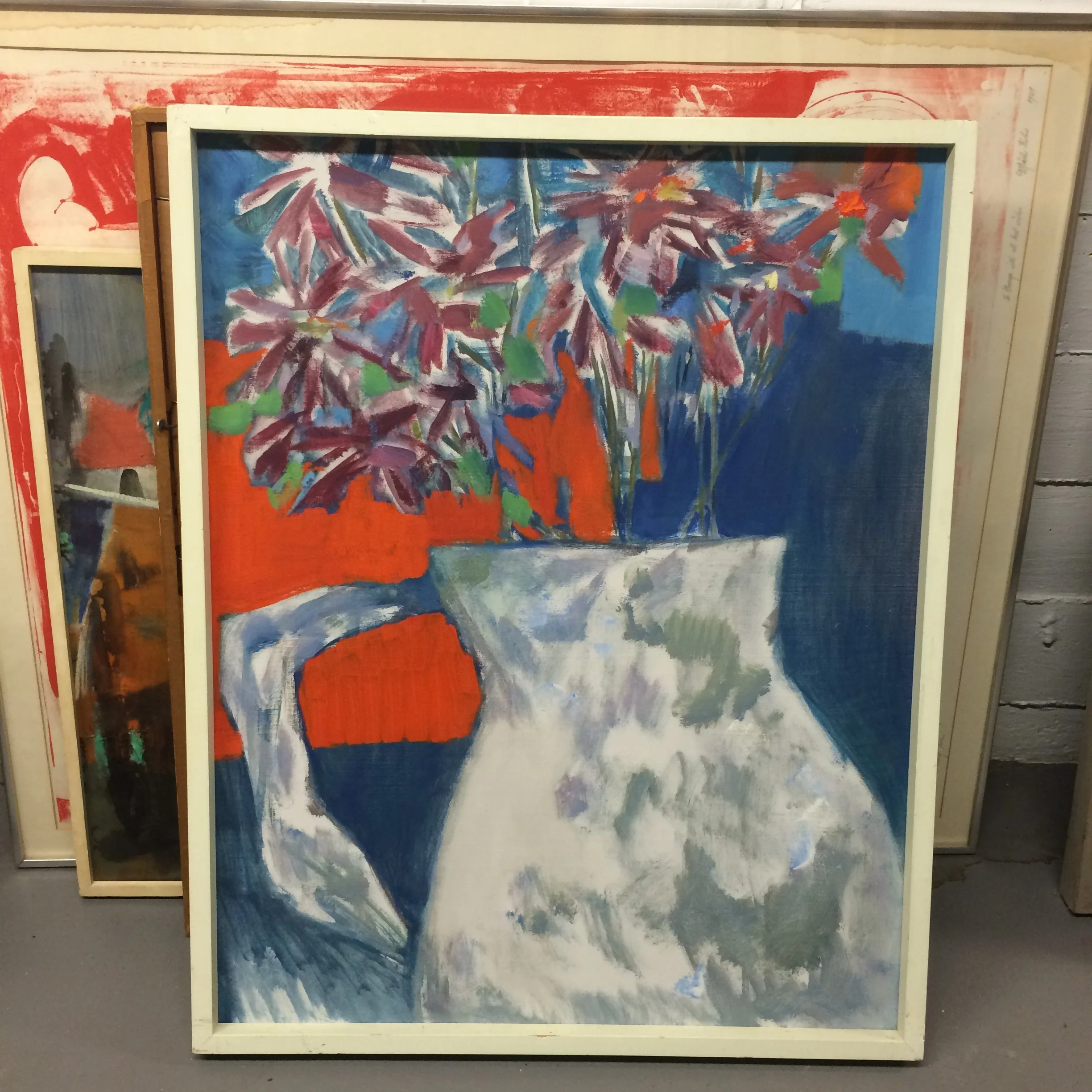  Still Life with Purple Flowers  30" x 25"&nbsp;  AC on Canvas, Framed, Bin B 