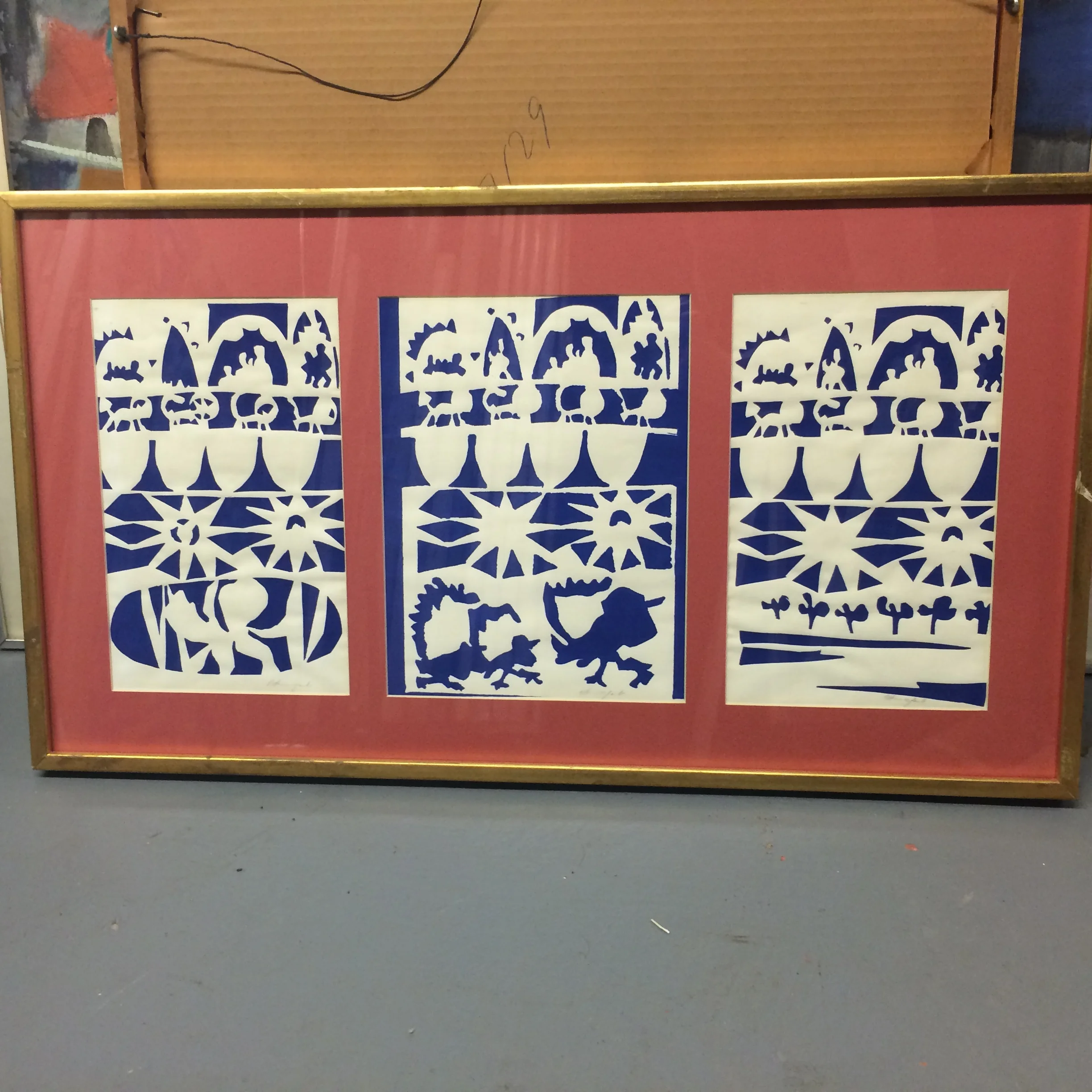  Blue and White Stencil Tryptich  29L" x 16H"  AC on Canvas Bin D 