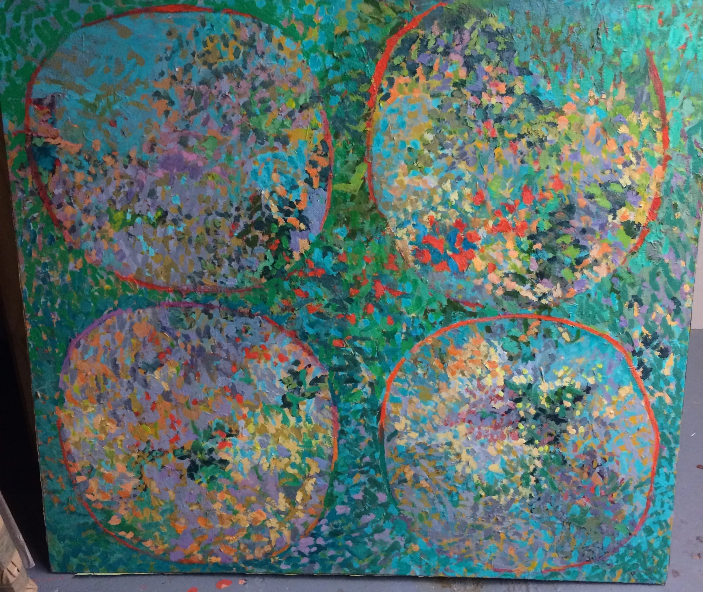  Untitled (Four Pointillist Circles)  44.5" x 39.5H" &nbsp;  AC on Canvas 1982  Bin H 