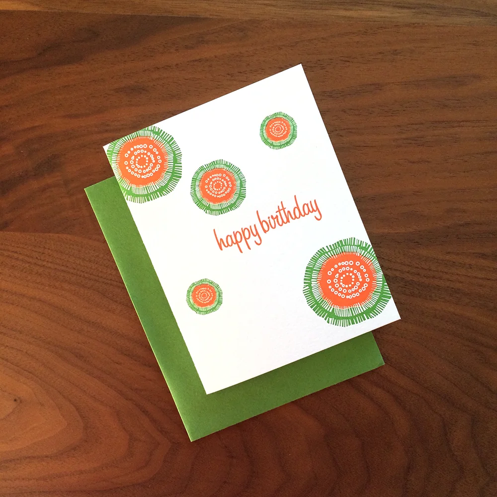 Little Trees Studio - Happy Birthday Orange and Green Flowers Letterpress Card