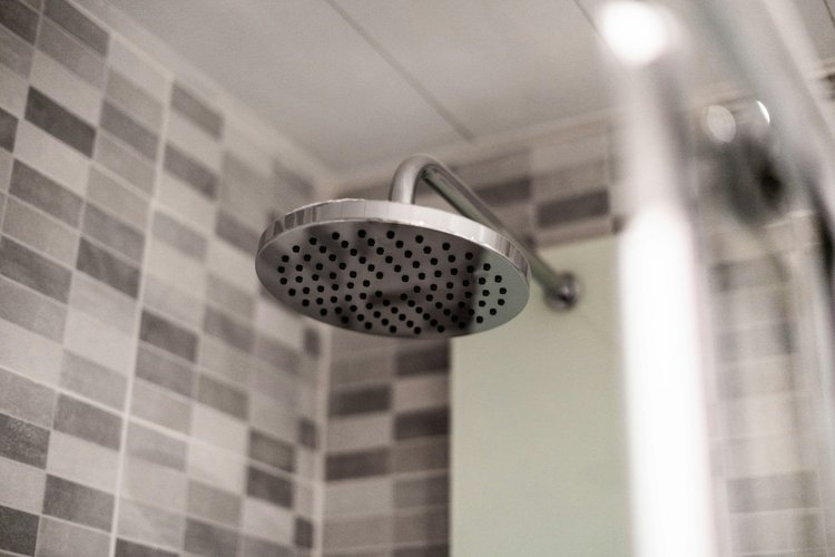 Tiled shower with rain showerhead