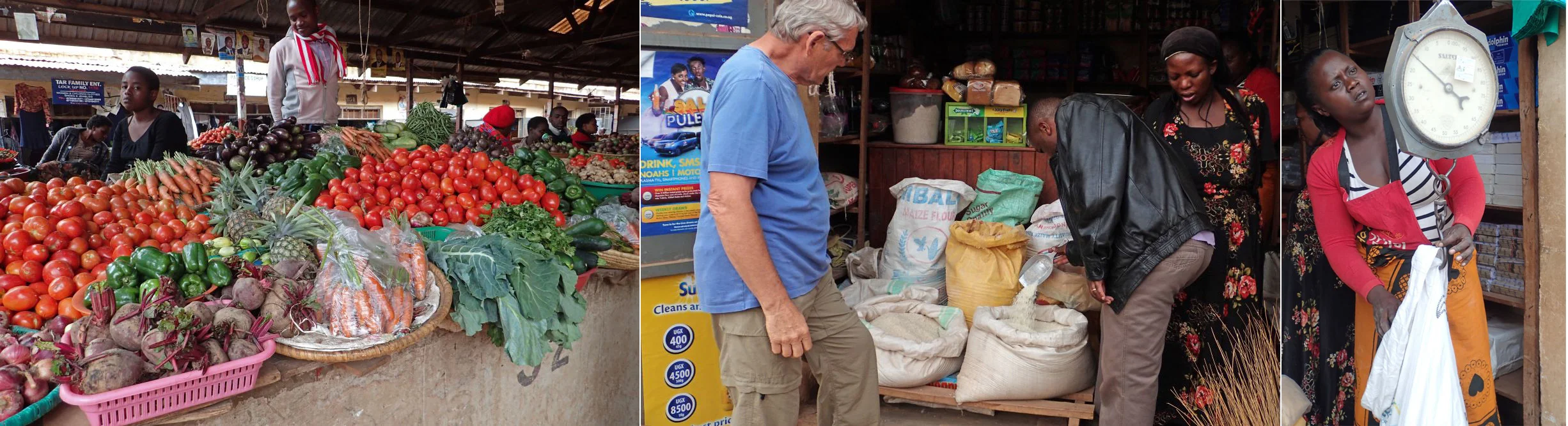 Produce area of market; Choosing our rice; Weighing out groundnuts.