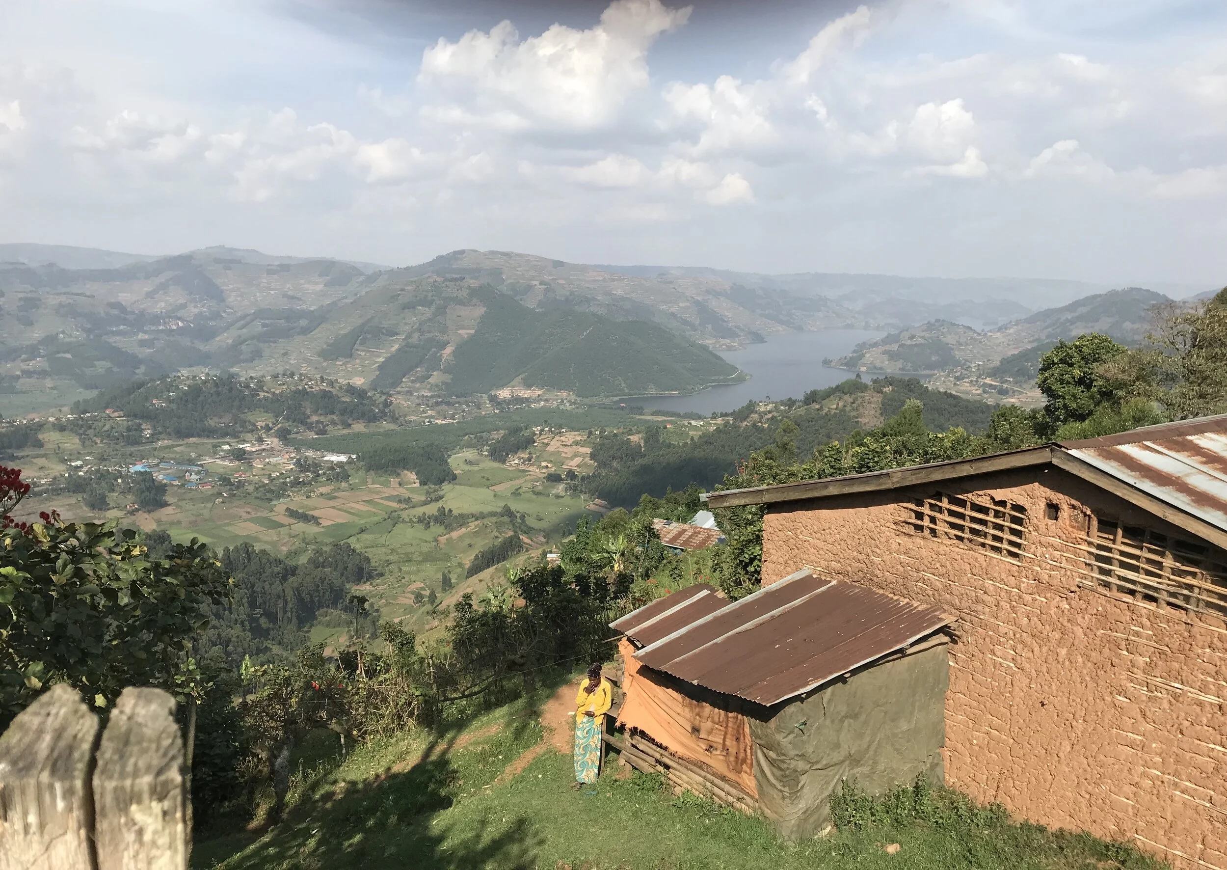 A view of beautiful Lake Bunyonyi from the mountain.