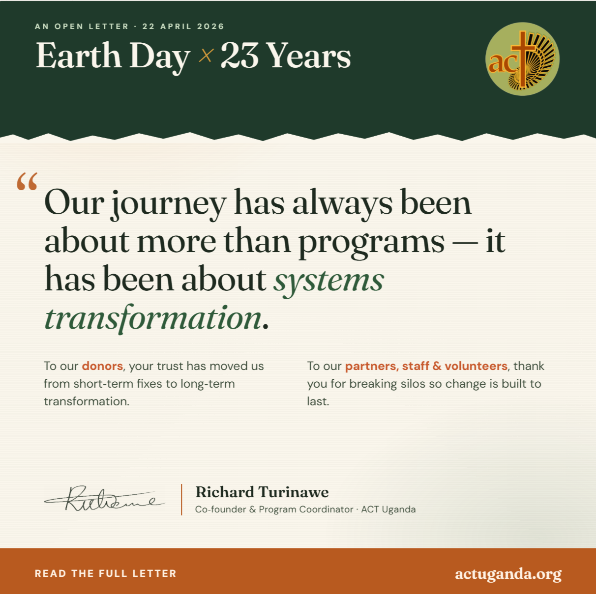 Celebrating 23 Years of Impact on Earth Day: A Letter From Richard, our ACT Co-Founder