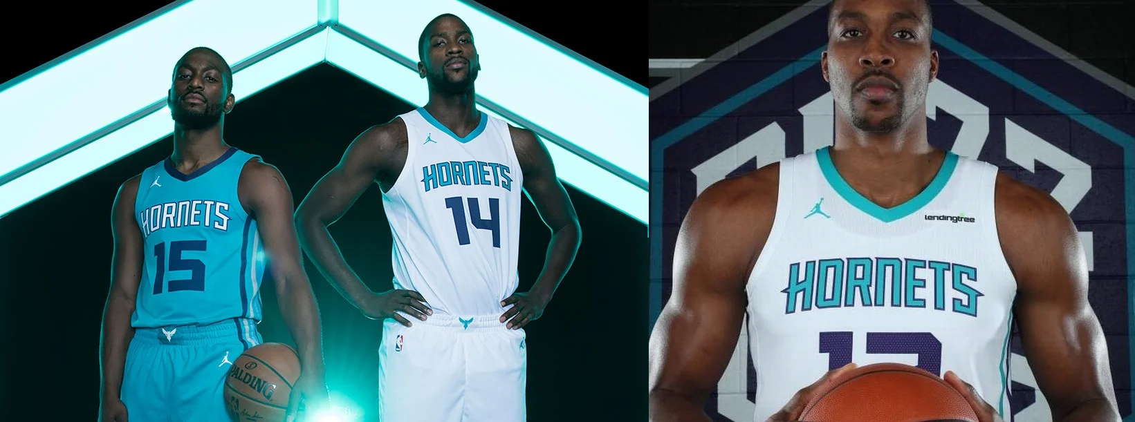 (Left) This is how the jerseys were supposed to look. Clean AF (Pictured: Kemba Walker, Michael Kidd-Gilchrist) (Right) This is when they sold out (Pictured: Dwight Howard)