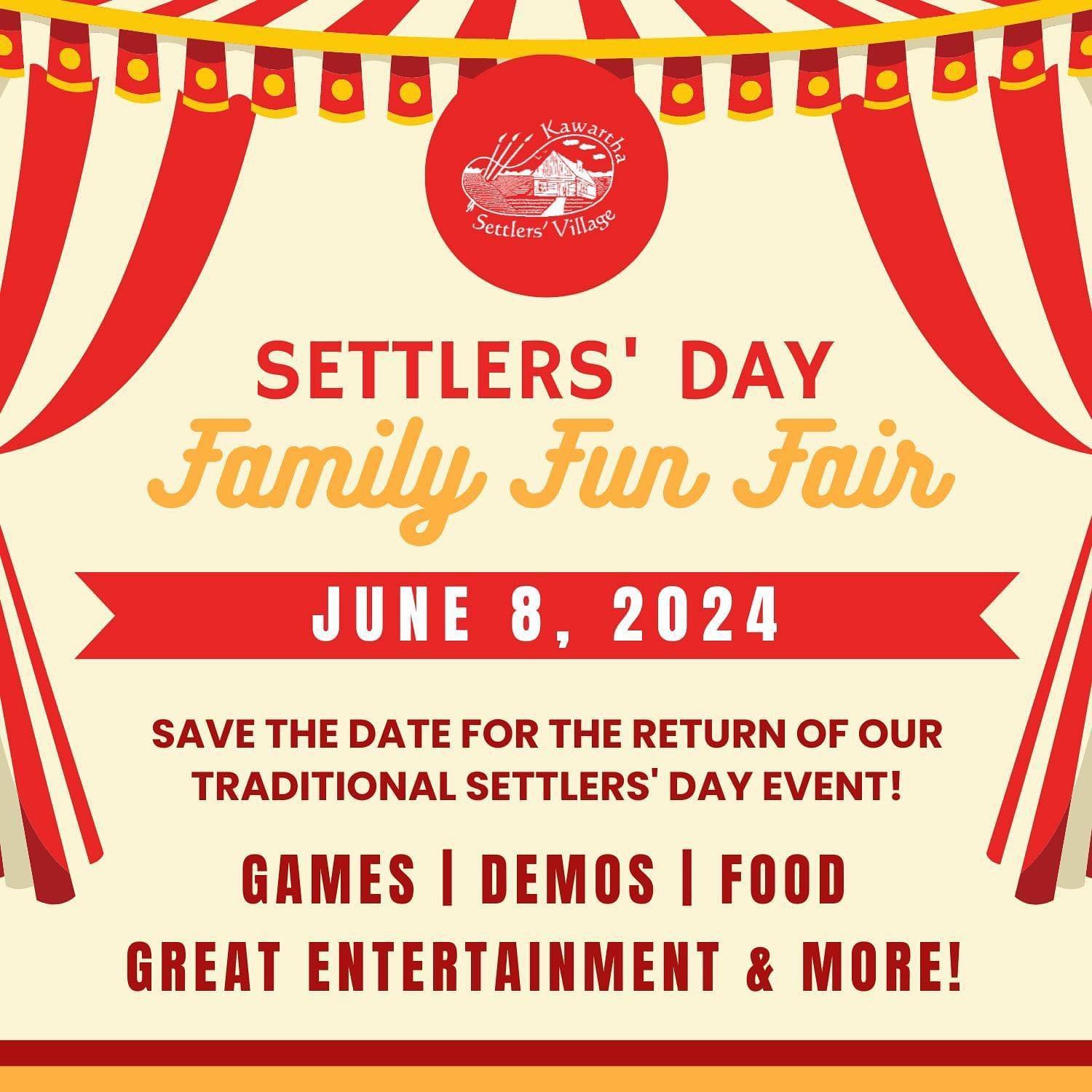 Mark you calendars! Settlers&rsquo; Day is back June 8th from 10am-4pm at Kawartha Settlers&rsquo; Village! ✨ @kawarthasettlersvillage 

Admission is by donation.

⭐️ Games &amp; Prizes
⭐️ Demos &amp; Vendors
⭐️ Music &amp; Entertainment
⭐️ Food &amp