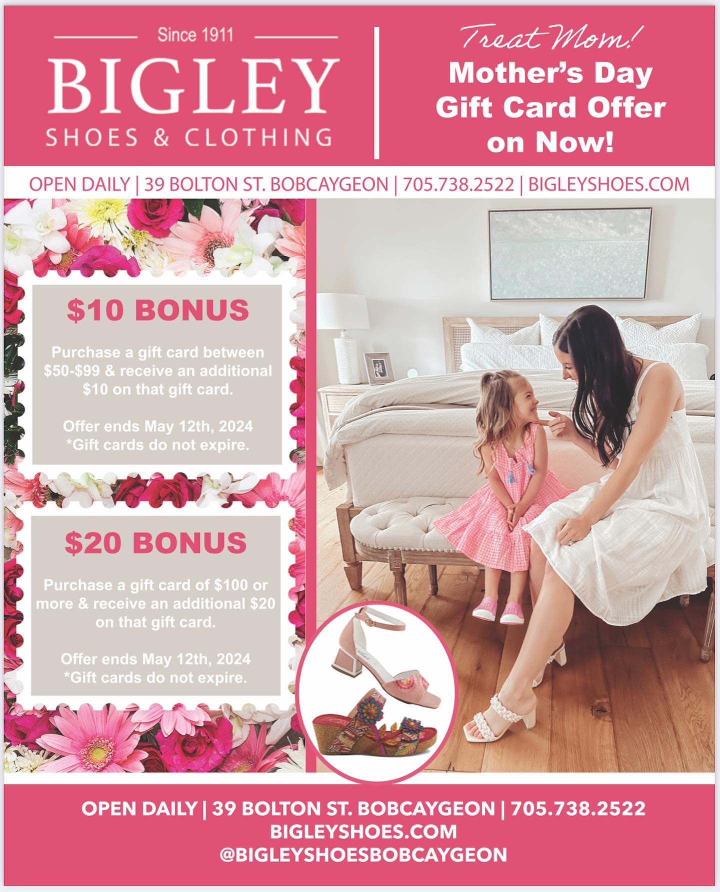 Celebrate MOM with a @bigleyshoesbobcaygeon Gift Card🛍️💕only available until May 12th!