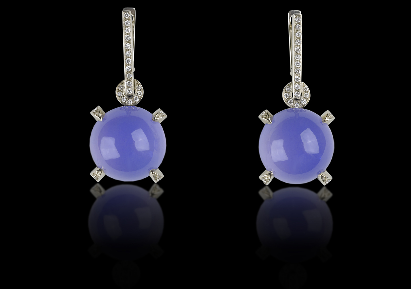 Blue Orbs Dreams come true under tropical seas. Earrings in 18 karat white gold, white Diamonds and Rare Chrysophrase $4,700