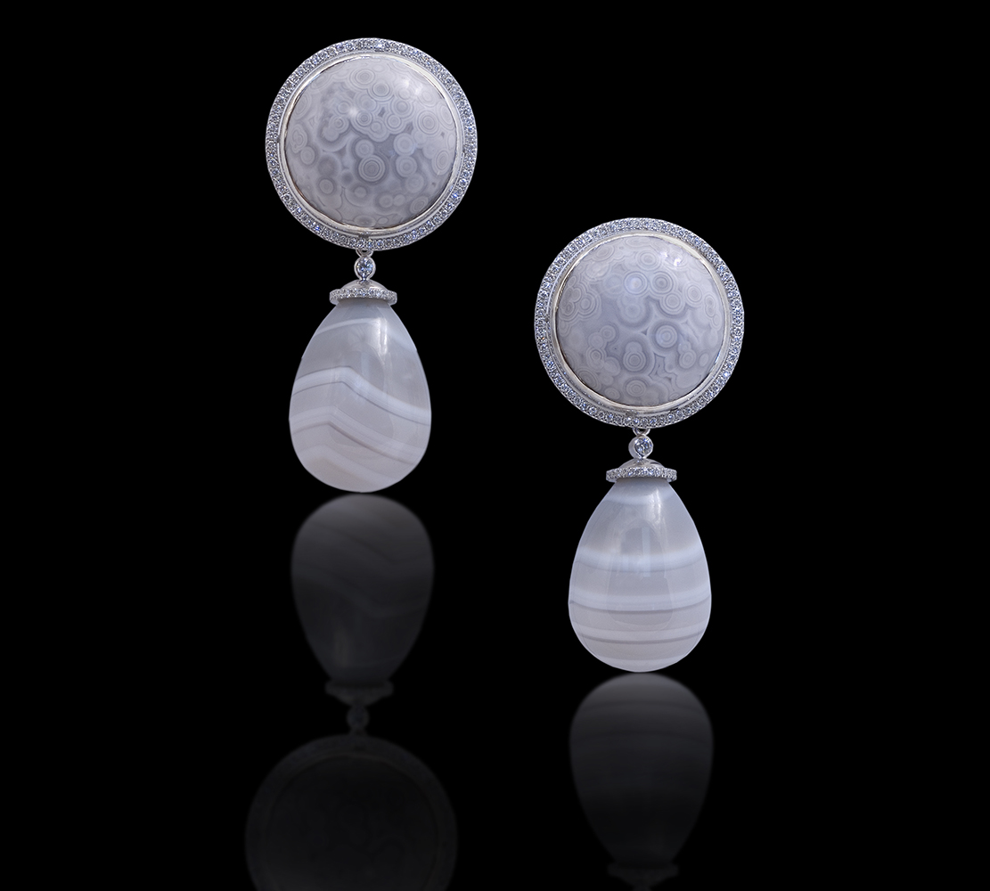Grey Agates Under the spell of twilight the depth of nature in all its subtlety is still visible. Earrings with detachable drops in 18 karat white gold, white Diamonds, and rare Grey Ocean Jasper and banded Agate $5,200