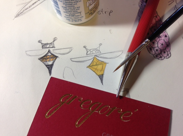 Final drawing of what will soon be an 18k yellow gold bee earring with mother of pearl wings 
