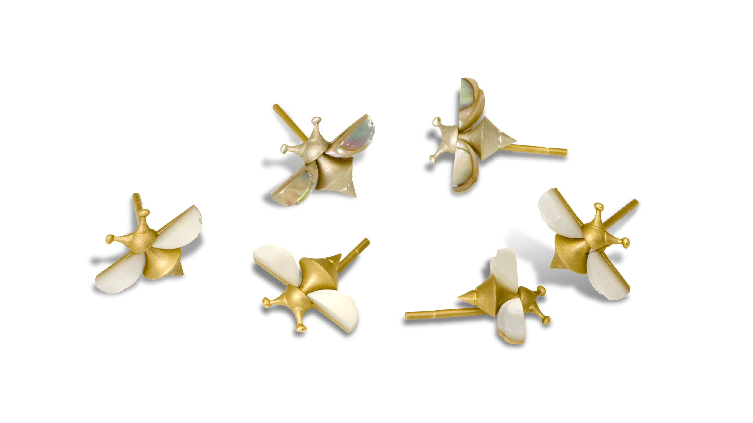 Finally, &nbsp;Bees &nbsp;lots of bees in 18k gold and silver with 18k posts &nbsp;the silver version comes with abalone wings&nbsp;