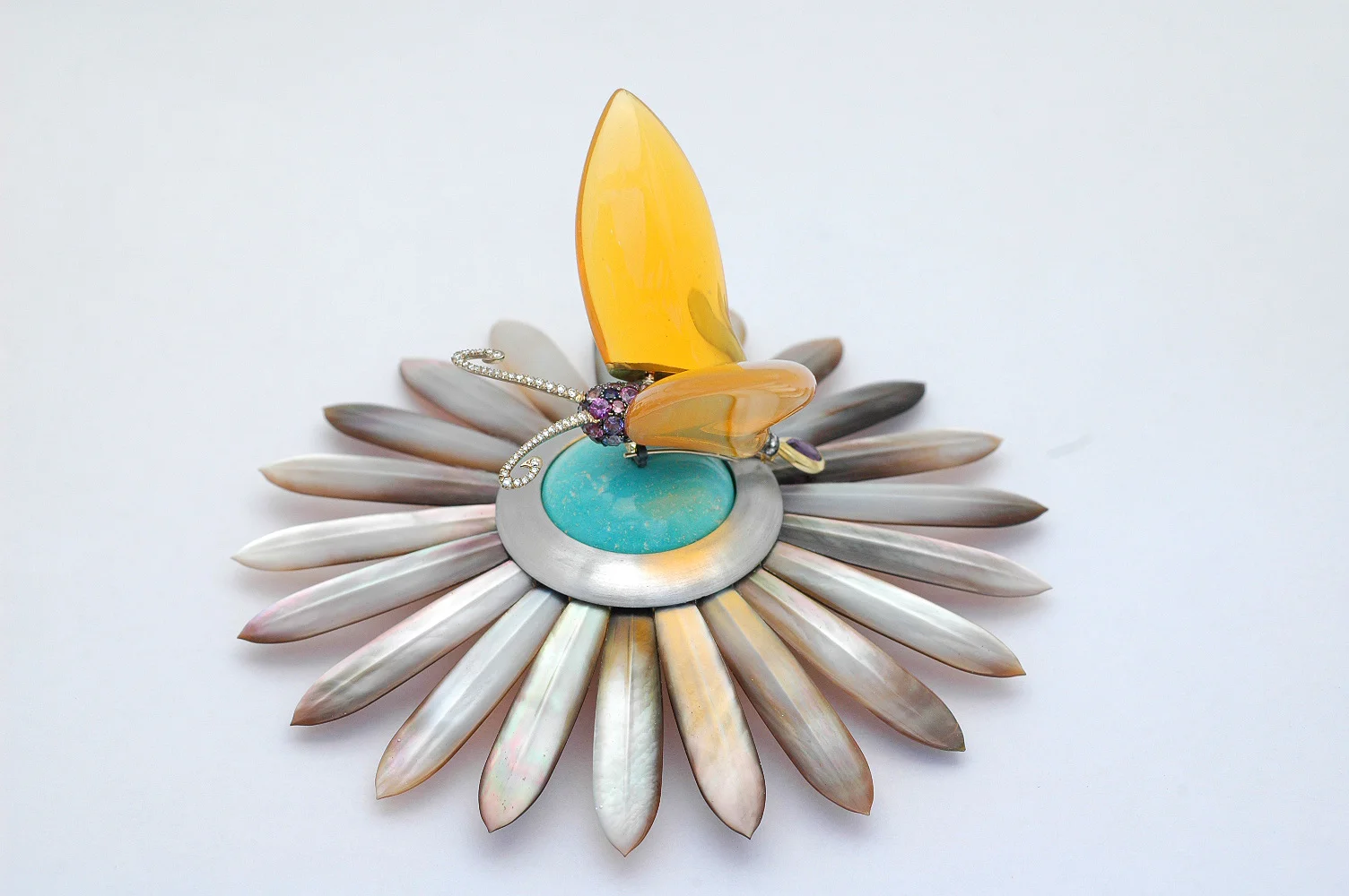 The Jeweled Butterfly on a Mother of Pearl and Turquoise Flower