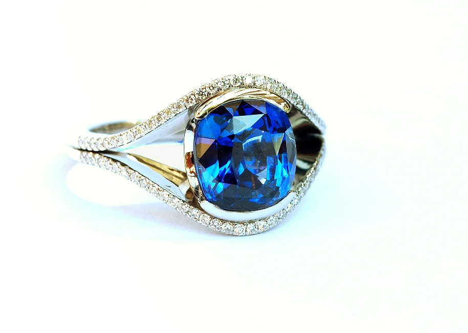 Blue Sapphire, Platinum and Diamond Engagement Ring