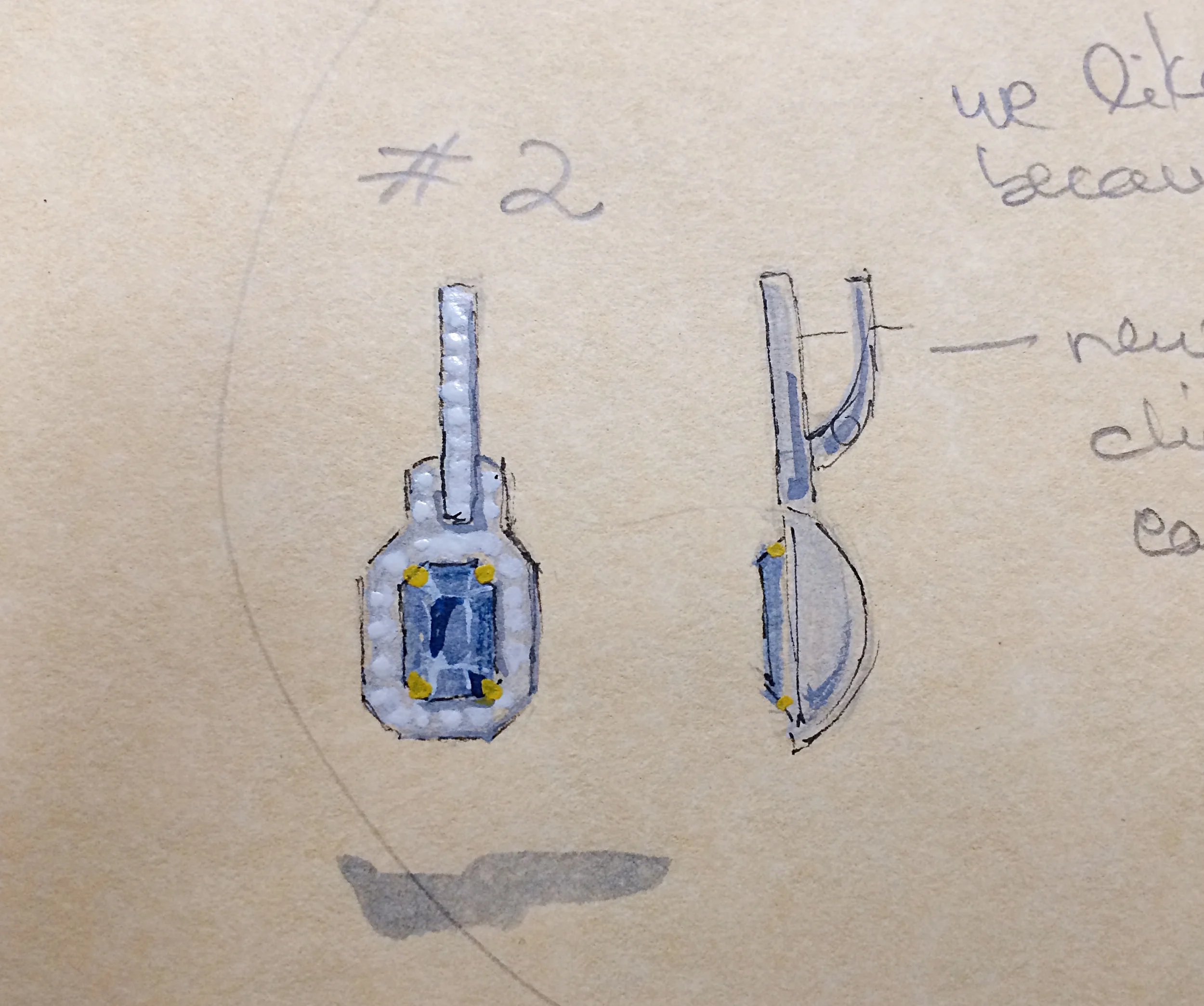 Drawing and watercolor with notes of emerald-cut Sapphire earrings