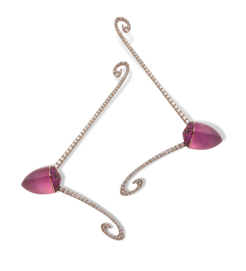 Stylized Insect Earrings- 18 k white gold, pink tourmaline body, pave’ diamond antenna, pink sapphire pave’ head