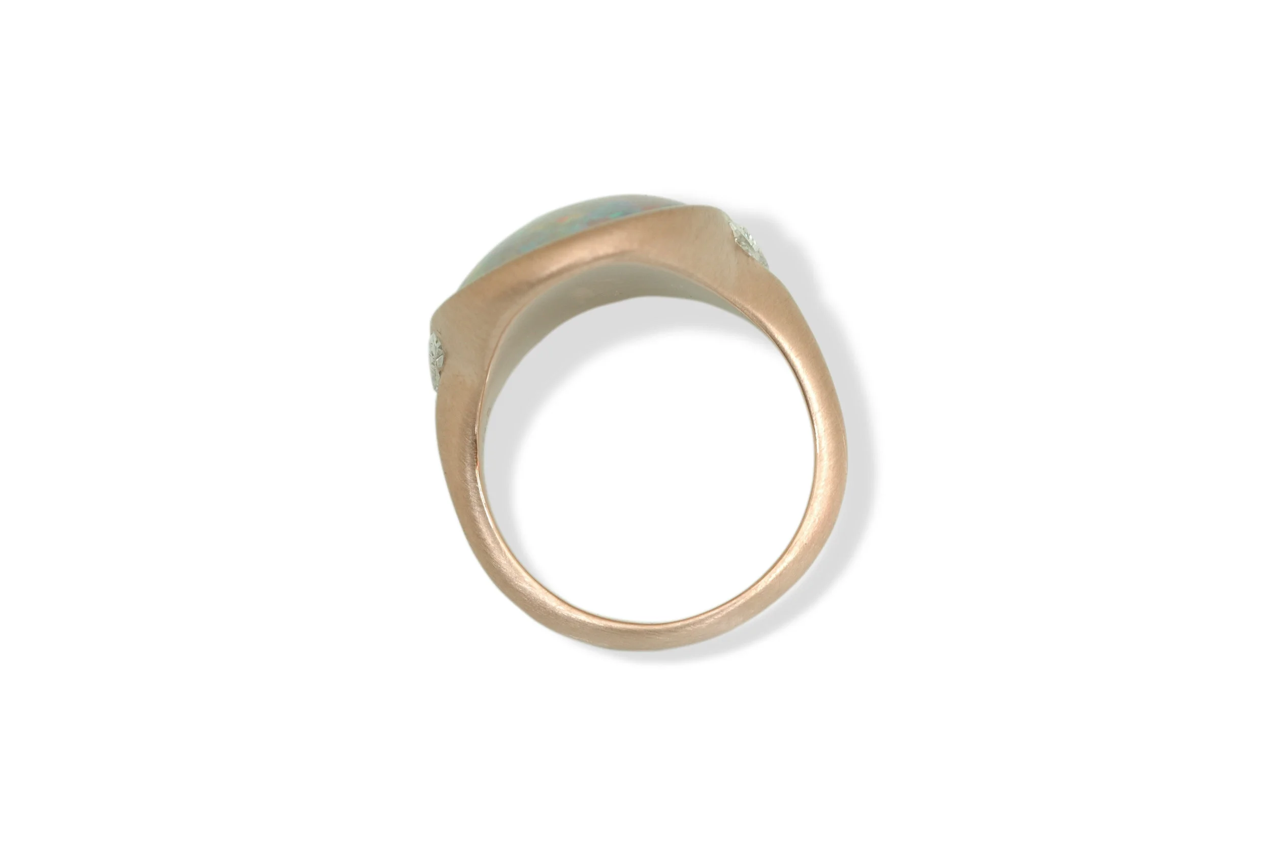 Rose gold ring with Australian opal and heart shaped diamond accents