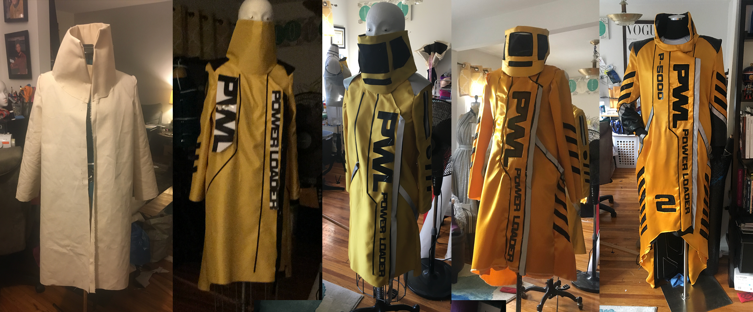 My Aliens jacket muslins, progress from left to right: First build was the initial version with center front opening, second and third are the same muslin as I defined where the imagery would be and tried a thin fabric, third is take one in final fabric which had some patternmaking issues, and far right is final jacket.