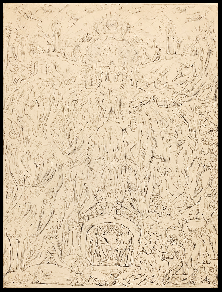 William Blake, The Last Judgement (detail, c. 1809); Ornan the Jebusite holding basket at lower far right; Pen and ink with wash over graphite on paper, 17 ¾ x 13 ⅝ inches; National Gallery of Art