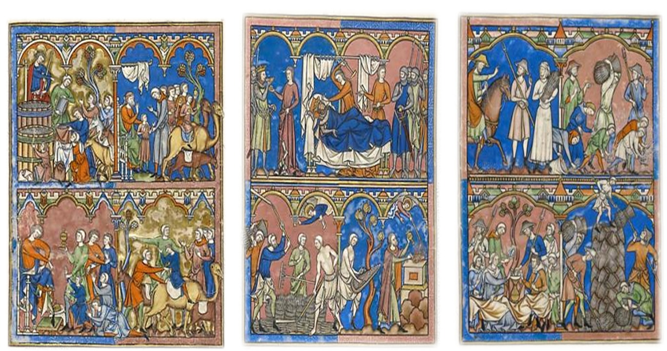 Crusader (Maciejowski) Bible (c. 1240s); illuminated vellum, 15 ⅓ x 11 ⅘ inches; Left: Folio 6— An Ironic Turn of Events (Genesis 42), with Joseph supplying his brothers with grain (top right); Center: Folio 12— Gideon, Most Valiant of Men (Judges 6), with Gideon threshing wheat (bottom left); Right: Folio 17— Ruth Meets Boaz (Ruth 2), with reapers cutting grain followed by Ruth gleaning (top right); The Pierpont Morgan Library and Museum, New York
