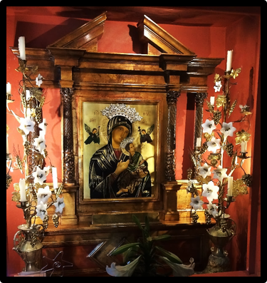Our Mother of Perpetual Help Icon with Grain Stalk and Grape Cluster Candelabras (c. 1850); Mission San Carlos Borromeo near Carmel, California