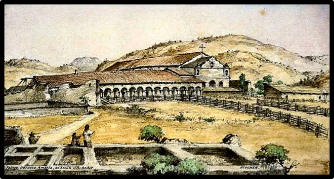 Colored lithograph after Edward Vischer, “Mission San Antonio du Padua”; The Missions of Upper California (1872)