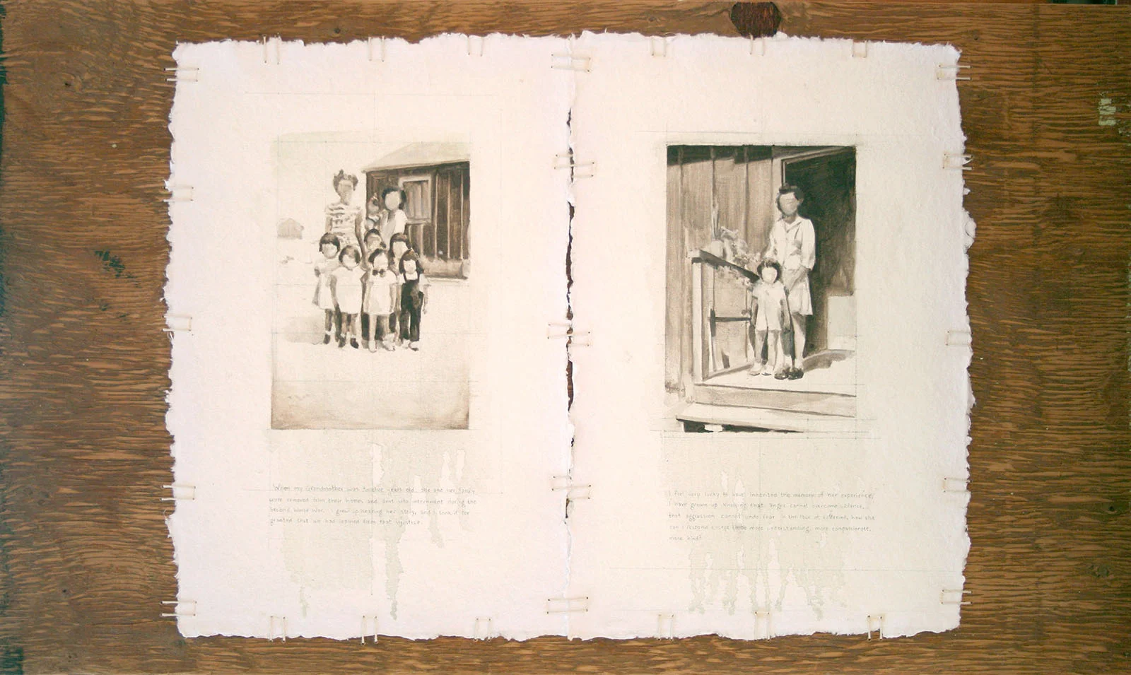 Meditation, on History Oil on paper, with cotton twine and found wood, 2016 When my Grandmother was twelve years old, she and her family were removed from their homes and sent into internment during the Second World War. I grew up hearing her story, and I took it for granted that we had learned from that injustice. I feel very lucky to have inherited the memory of her experience. I have grown up knowing that anger cannot overcome violence, that aggression cannot undo fear. In the face of suffering, how else can I respond except to be more understanding, more compassionate, more kind?