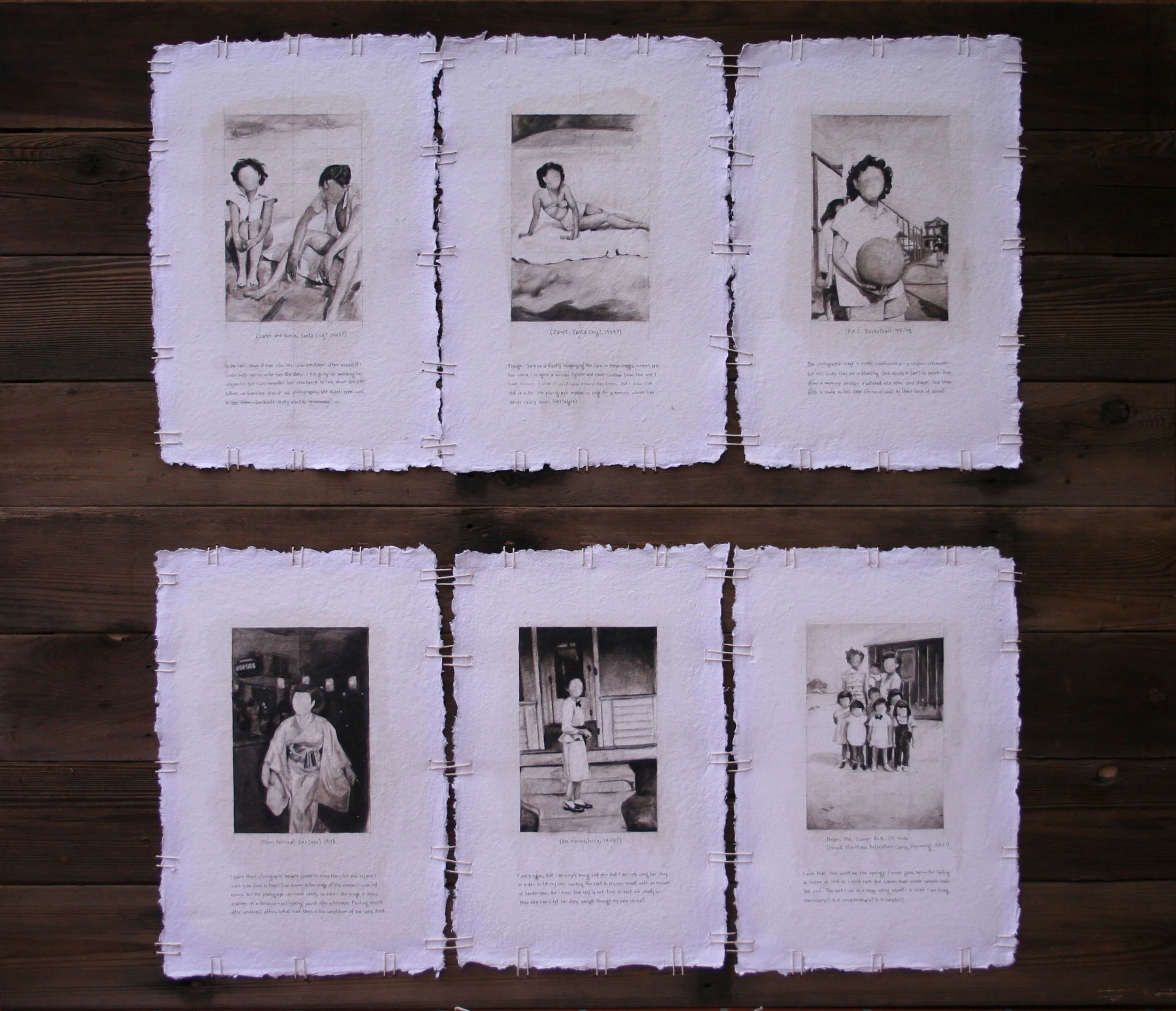 Meditation, for Janet Sakamoto Oil on paper, with cotton twine and found wood, 2016 In the last years of her life, my grandmother often asked if I would help her write her life story. I felt guilty for avoiding her requests, but I also resented her reluctance to talk about the past: when we found her box of old photographs, she didn’t even want to see them—she didn’t really want to remember. Though I have no difficulty recognizing her face in these images, when I see her smile I imagine a woman lighter and more carefree than the one I have known. I wish I could have known her then. But I know that this is a lie: the photograph makes us long for a memory which has never really been. (Nostalgia.) The photographic image is purely circumstantial—a shadow suspended—but this is precisely why they are so pleasing (and simple, in fact) to paint: they show a memory already flattened into color and shape. And their truth is made no less clear (to me, at least) by their lack of detail. I paint these photographs because I want to share them, but also because I want to be close to them: I am drawn to the image of the woman I wish I’d known. But the photograph can never really be held—the image it shows is always at a distance—and looking cannot offer wholeness. Painting doesn’t offer wholeness either, but a least there is the completion of the work itself. I worry, again, that I am simply being selfish—that I am only using her story in order to tell my own, masking the need to express myself with an excuse of tenderness. But I know this isn’t true, at least not wholly so: how else can I tell her story except through my own words? I wish that this could be the apology I never gave her—for failing to listen as well as I could have. But I know that words cannot undo the past. The best I can do is to keep asking myself: Is what I am doing necessary? Is it compassionate? Is it helpful?