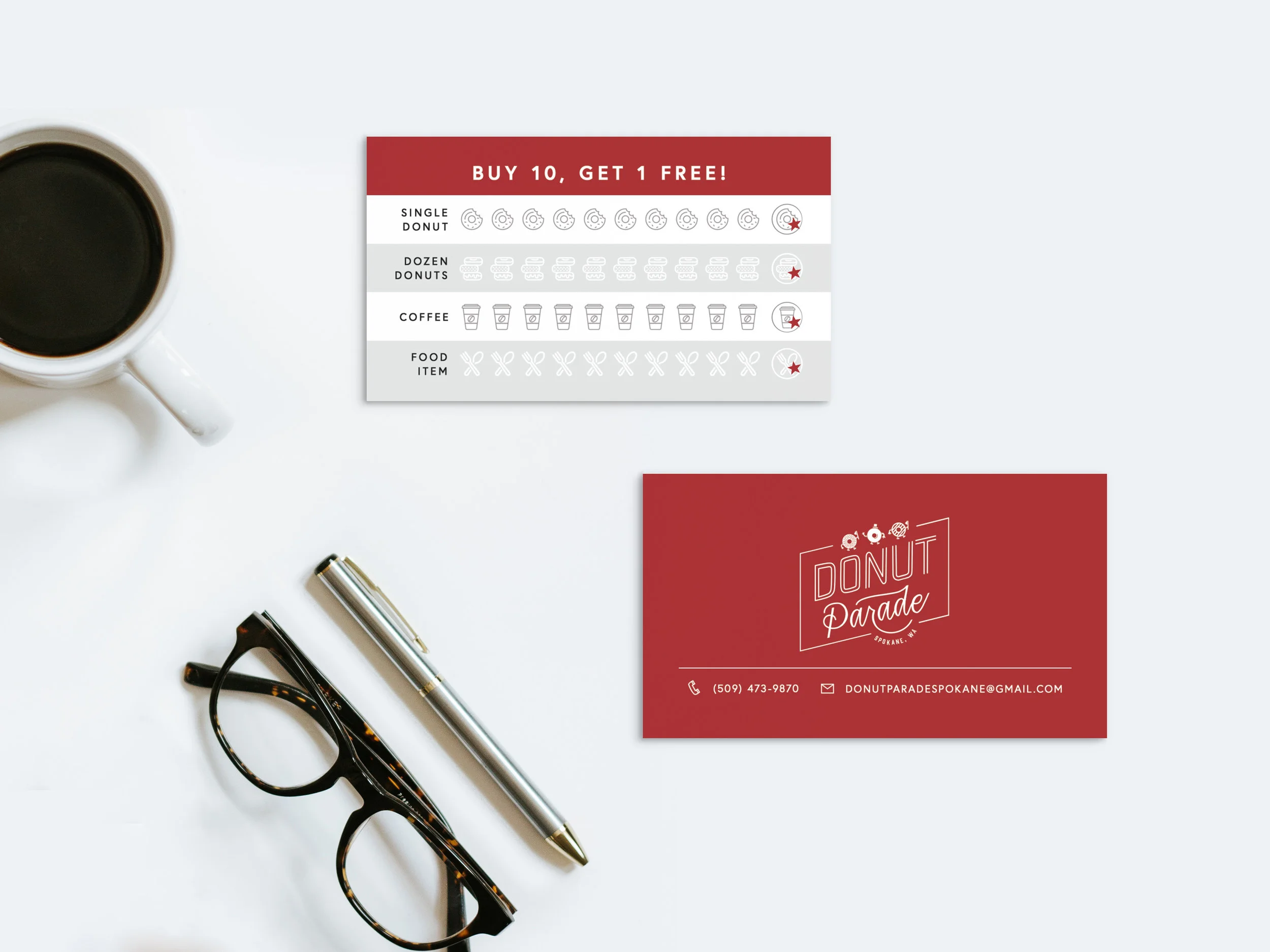 Punch cards (roughly the size of business cards) for Donut Parade—buy ten items, get one free!