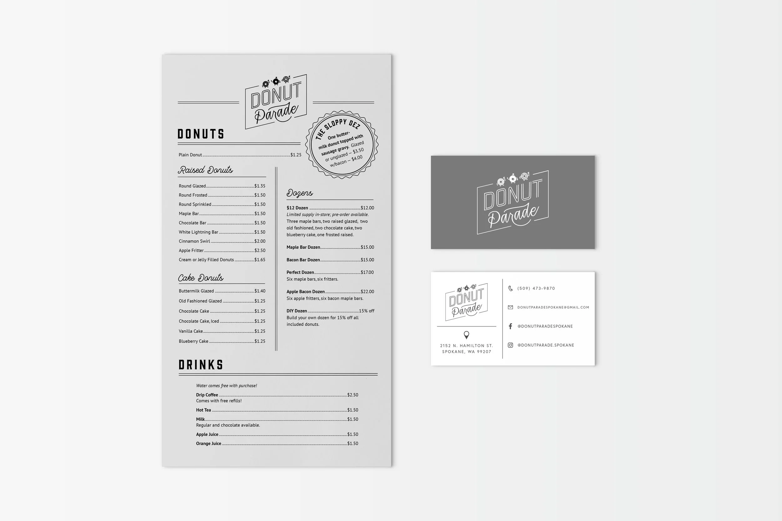 Menus and business cards for Donut Parade, Spokane