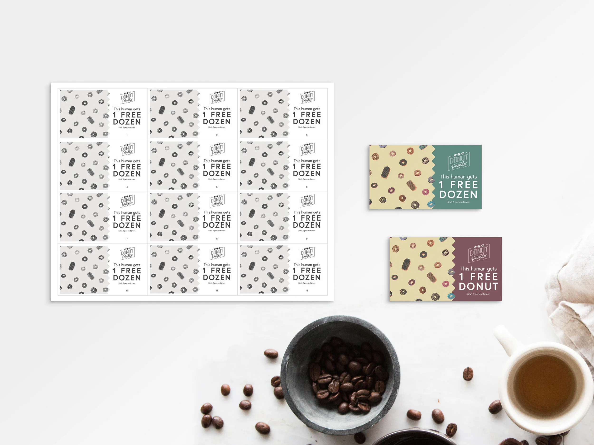 Colored donut coupons, plus black and white home-printable versions