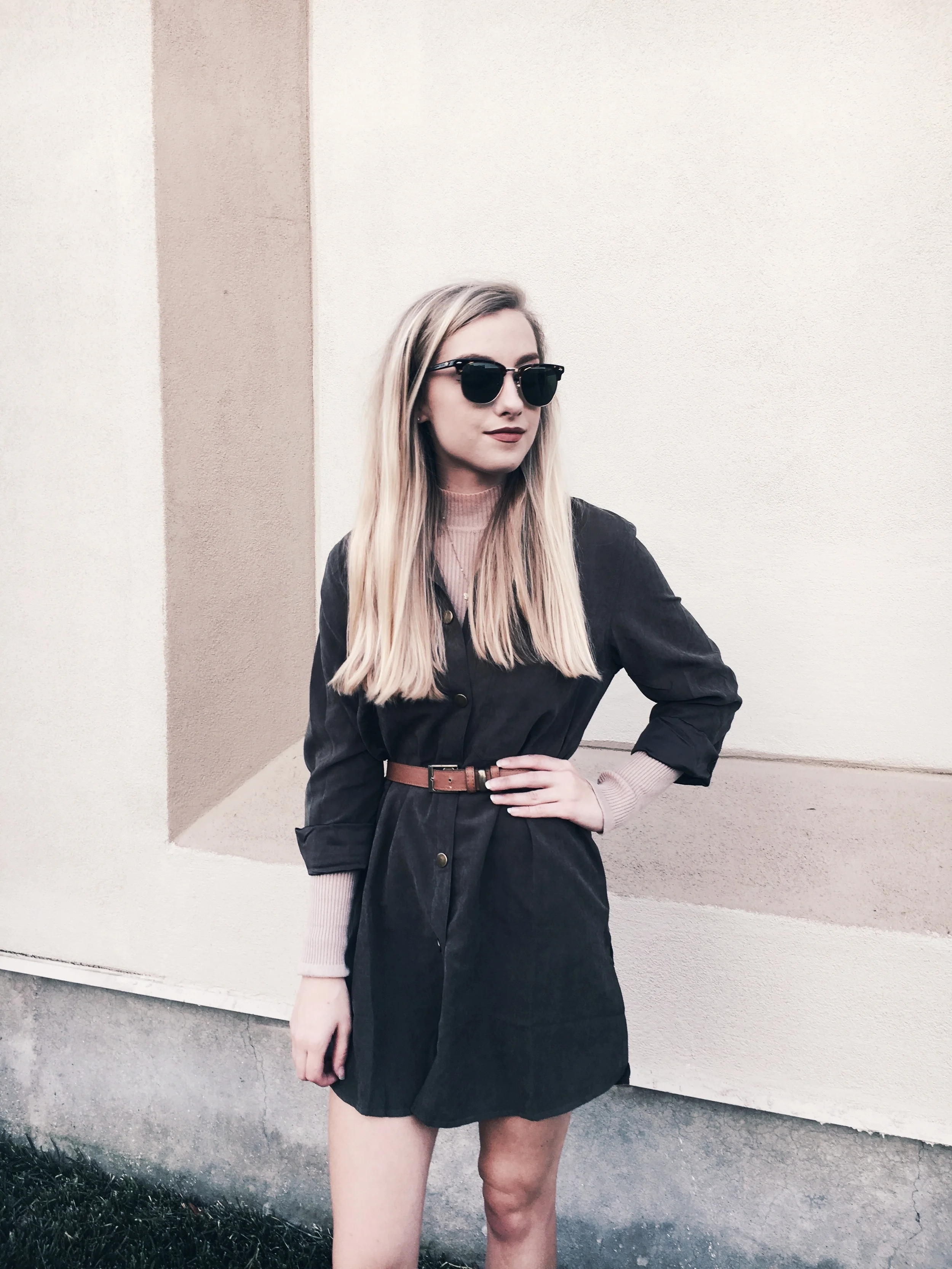 Sunglass: Brightside Eyewear, Turtleneck: Forever21, Dress: Shein, Belt: Forever21, Shoes: Zara